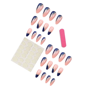 Royal blue marble almond press-on nails set with gold foil accents and tool kit