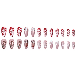 Christmas press-on nail set with gingerbread, reindeer, and candy cane patterns, 24 pieces