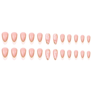 French marble press-on nails with white gold edges and nude pink base, 24-piece set