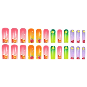 Colorful strawberry and sun gradient press-on nails in medium length and trapezoid shape