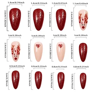 Christmas red glitter press-on nails with reindeer design and size measurement guide