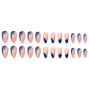 French royal blue marble almond press-on nails with elegant gold foil flakes