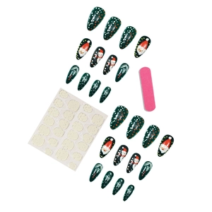 Faux ongles amande thème Noël avec motifs Père Noël vert et bonhomme de neige festifs