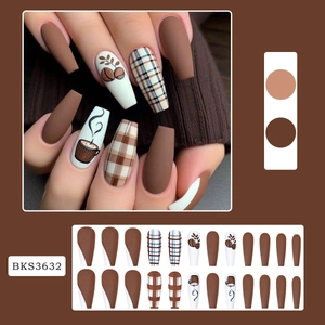 Brown hazelnut coffee matte press-on nails set with plaid patterns and latte art designs