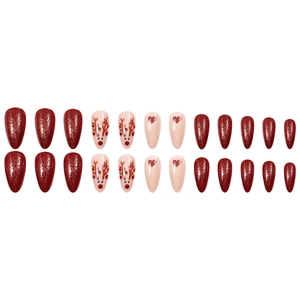 Christmas red glitter reindeer press-on nails set with almond shape and heart design