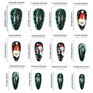 Tableau des tailles d'ongles en amande Père Noël vert indiquant les mesures de longueur et largeur