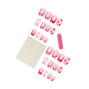 Pink strawberry bow press-on nails set with red hearts and professional application kit