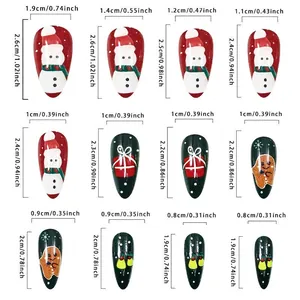 Size chart showing 12 almond-shaped Christmas press-on nails with dimensions and patterns