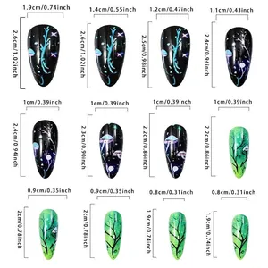 Guide des tailles pour faux ongles vert méduse avec 12 mesures de largeur et de hauteur