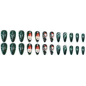 Faux ongles de Noël verts forme amande avec motifs de Père Noël et de flocons de neige