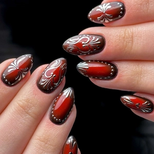 Press On Nails Almond Shape Ombre Dark Red Black Silver Heart Glitter Reusable Artificial False Nails For Women Ins Style