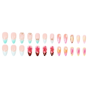 French press-on nails with 3D colorful flowers, leopard print, and pearl accents