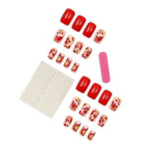 Maple leaf press-on nails with rhinestones in red and white, 24pcs square set
