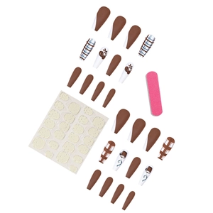 Brown coffee-themed press-on nail kit with checkered patterns and adhesive stickers
