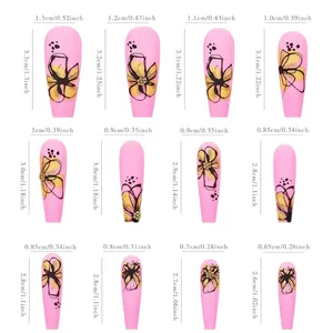 Size chart for pink flower press-on coffin nails with 12 pieces in varied measurements