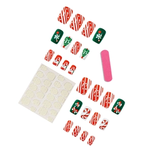Christmas press-on nail kit featuring festive red stripes and Santa Claus designs