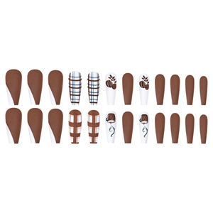Brown hazelnut coffee theme press-on nails with checkered patterns and cafe art