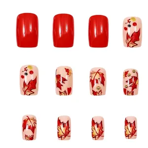 Size chart for autumn maple leaf press-on nails with dimensions for twelve different pieces