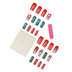 Christmas snowman press-on nails set with red glitter and winter snowflake patterns
