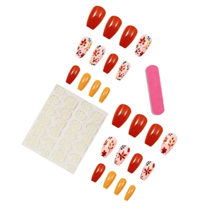 Autumn turmeric leaf press-on nail kit with dark red and orange maple leaf designs