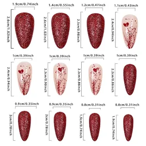 Sizing chart for glitter heart press-on nails featuring various almond shape dimensions