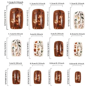 Mocha brown flower press-on nails set with size chart in 12 different square nail sizes