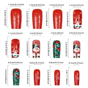 Size chart showing 12 sizes of red Christmas glitter snowman press-on square false nails