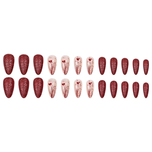 Deep red glitter and heart pattern almond fake nails, 24pcs press-on set for women