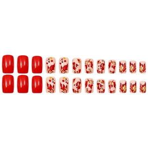 Autumn maple leaf press-on nails set with red rhinestones in medium square shape