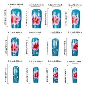 Size chart for blue flower press-on nails with rhinestones showing width and length details
