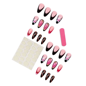 Set unghie finte French nere e rosa sfumate con fiori 3D e decorazioni a stella