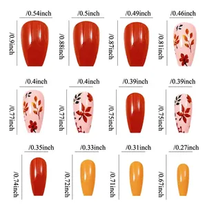 Size chart for autumn press-on nails featuring maple leaves and floral art patterns