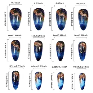 Size chart for blue starry stiletto press-on nails with 12 pieces and gold glitter