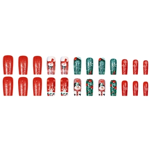 Christmas press-on nails with red glitter, snowman and snowflake holiday designs