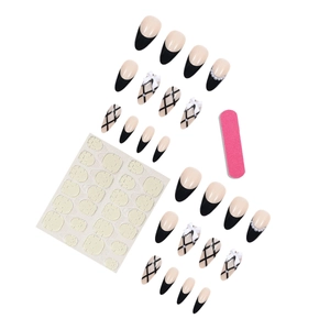 French black almond press-on nails with 3D white bow and pearl accents kit