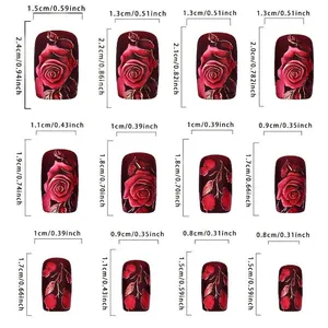Size chart for vintage red rose press-on nails showing 12 different dimensions in cm and inches