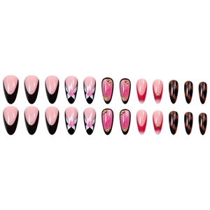 Set di 24 unghie finte a mandorla lunghe con punte nere e sfumature floreali rosa