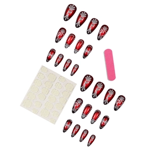 Deep red and silver heart gradient press-on nails set with 24 pieces and DIY tools
