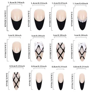 Size guide for French black butterfly press-on nails in medium almond shape with dimensions