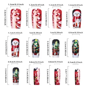 Christmas square press-on nail kit with Santa and tree motifs plus size chart