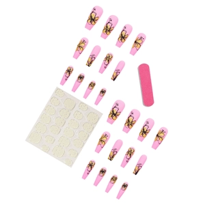 Matte long ballerina press-on nails with pink floral design and adhesive tabs set