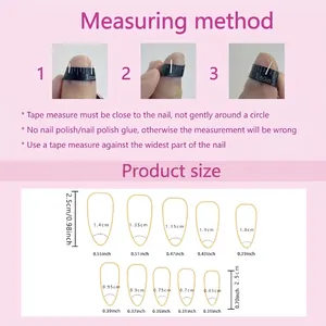 Guide des tailles de faux ongles avec instructions de mesure et dix dimensions d'ongles amande