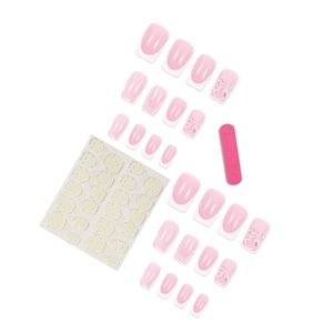 Kit de faux ongles rose dégradé avec nœuds et perles incluant colle et lime à ongles