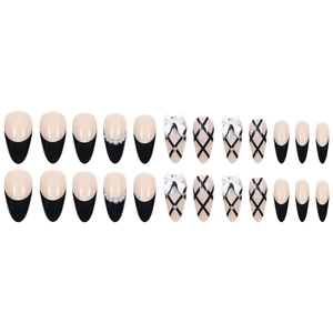 French black butterfly press-on nails with 3D bows and pearls on almond shape tips