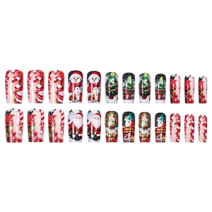24-piece set of long coffin Christmas press-on nails with Santa and tree festive designs