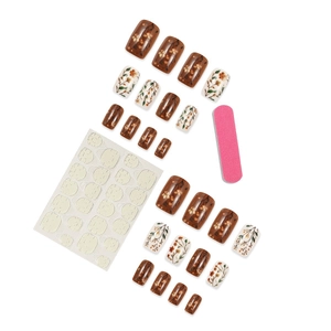 Mocha brown square press-on nails set with floral designs and application tools