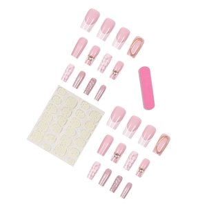 French tip press-on nail kit with pink plaid patterns, pearls and rhinestone accents