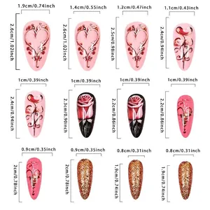 Size chart for pink rose heart press on nails with twelve distinct measurements in cm and inches