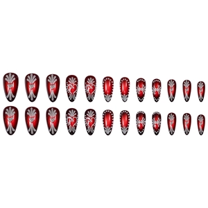 Deep red gradient press-on nails with silver glitter heart and vintage pattern