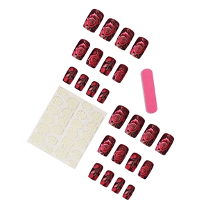 Deep red matte press-on nails set with red rose and gold leaf patterns for women